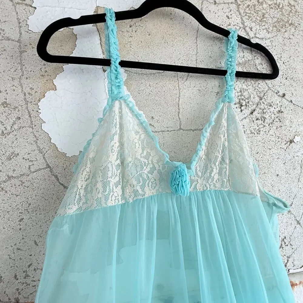 Vtg 60s Babydoll Nightgown Maxi Slip Dress Sheer Aqua‎ Chiffon Lettuce Hem Fairy - Picture 3 of 7